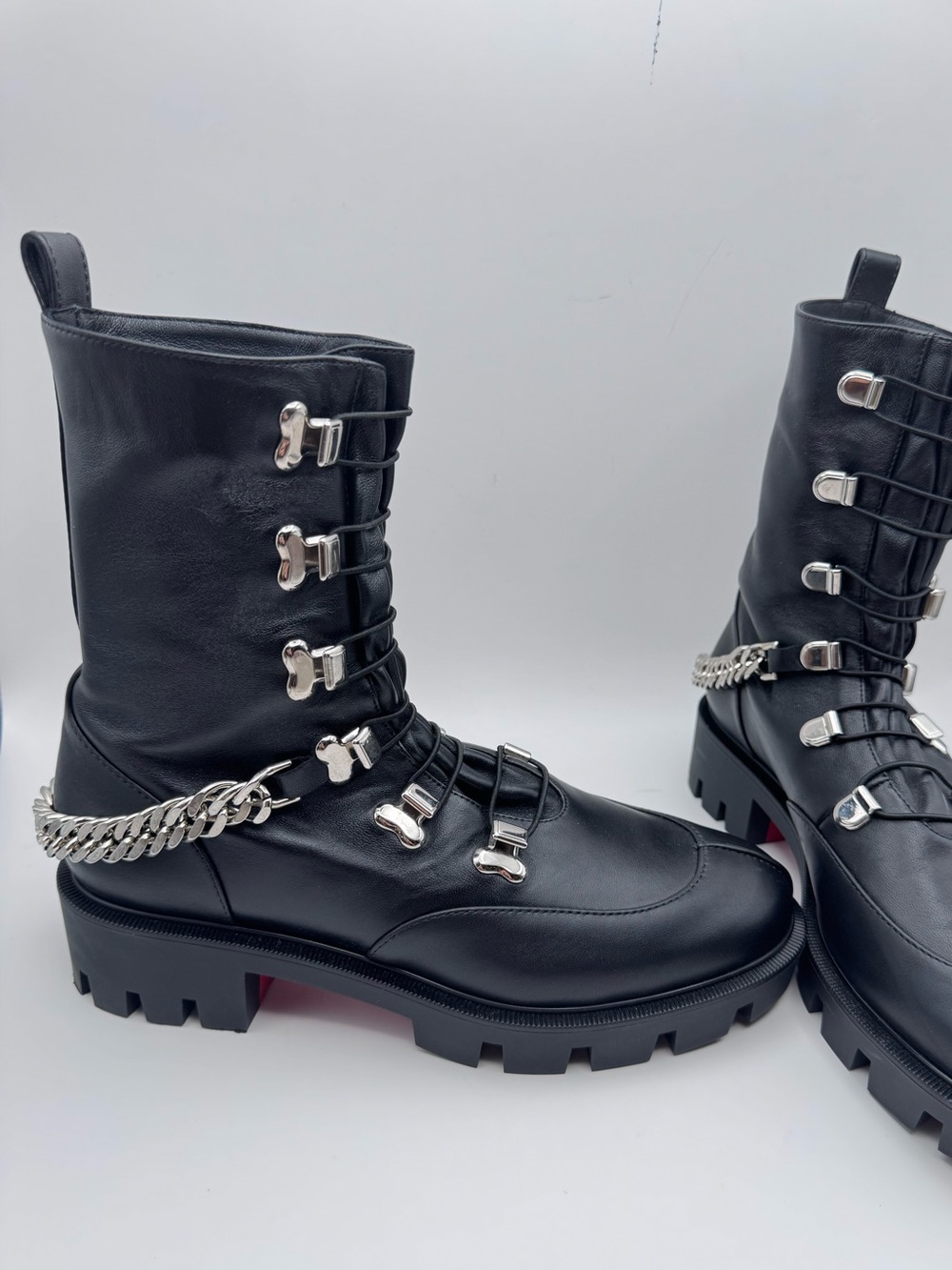 Christian Louboutin Horse Flat Black Leather Chain Boots Size 36.5